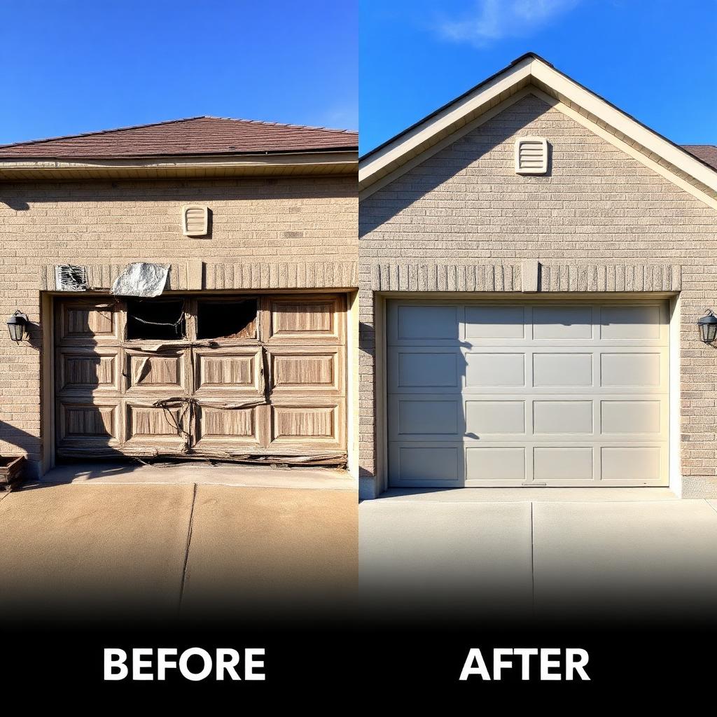 Before and after garage door installation showing dramatic improvement