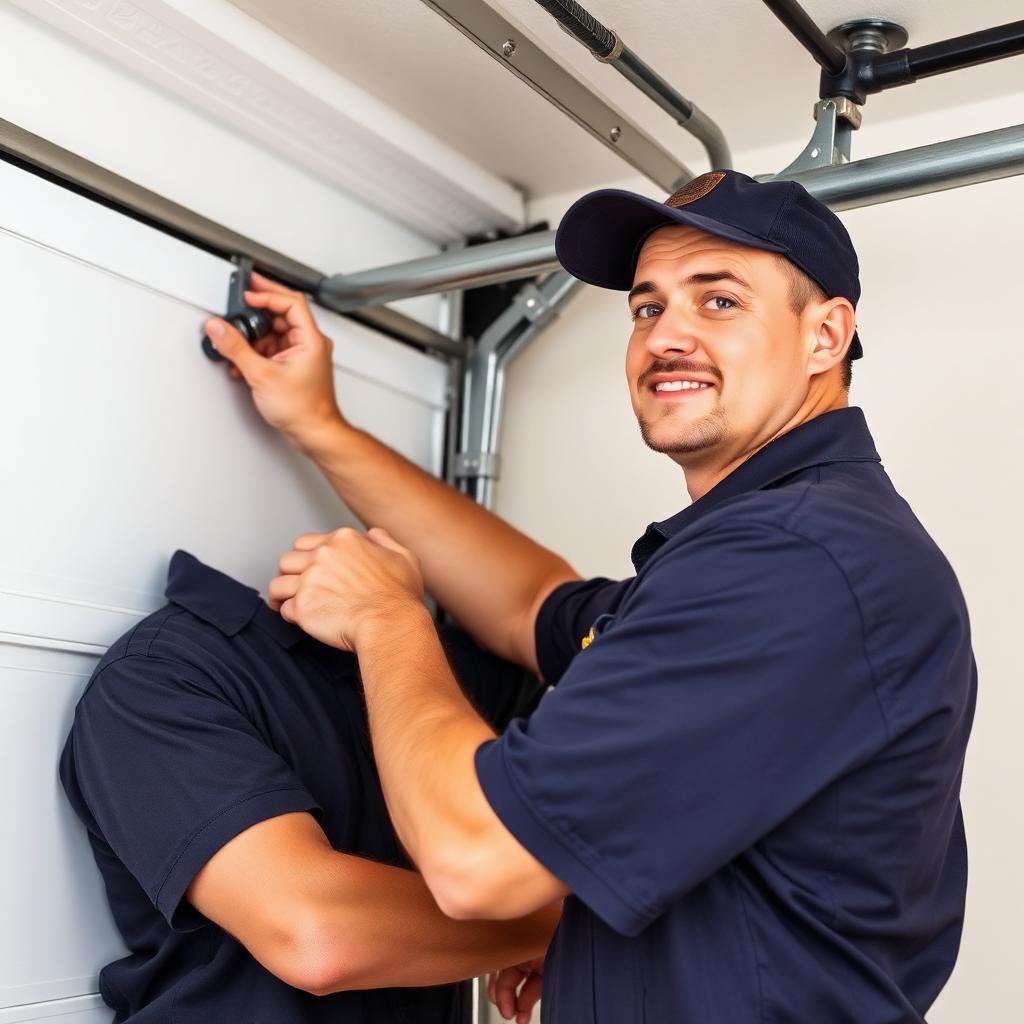 Expert garage door technician performing track alignment service
